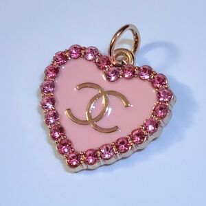 Authentic CHANEL Heart Charm • Pink Enamel Gold CC Logo Crystal Bag Pendant Pull